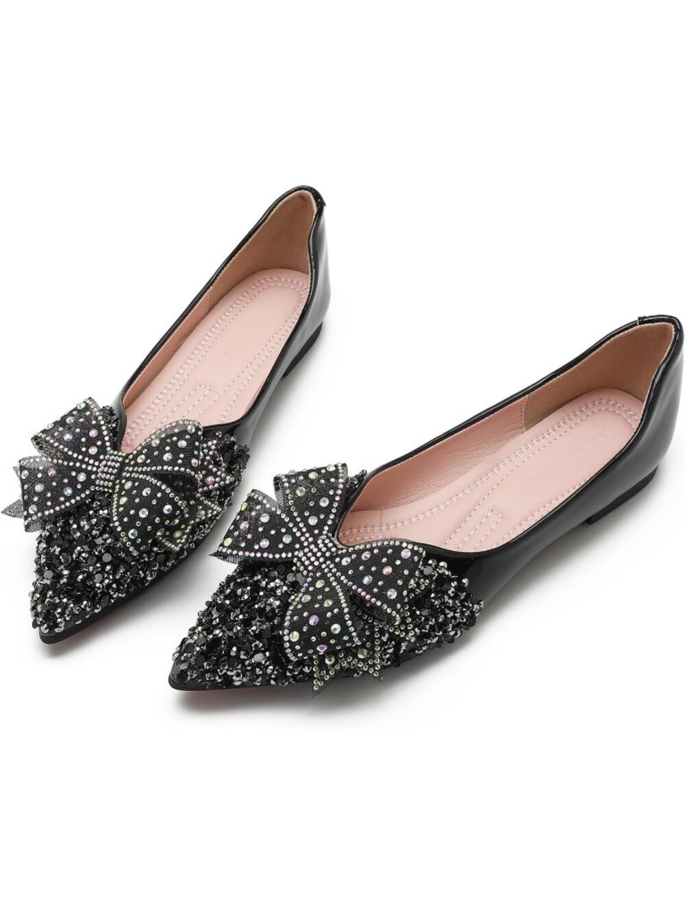 Women's Rhinestone Black Wedding Flats Comfort Pointed Toe Ballet Flat Shoes